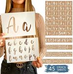 Boutique Calligraphy Stencil Template Kit - 45 Reusable Pieces Includes Lettering Upper and Lowercase both Large Small, Numbers, Punctuation, Laurels Flowers For Arts Crafts Painting Wood