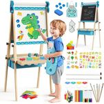 BlueWood Easel for Kids, Drawing Double Sided 4-in-1 Painting Art Stand, Adjustable Wooden Easel Set Toddlers, Magnetic Whiteboard & Chalkboard with Paper Rolls for 3-8 Child, Blue