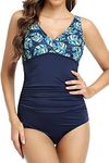 PERONA Women's Tummy Control Swimsuit One Piece Bathing Suit Vintage Printed Swimwear, Smart Leaf, 12