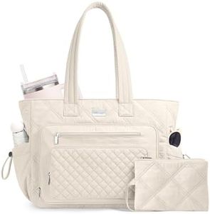 TOPDesign 17.3 Inch Puffer Laptop Bag for Women, Quilted Teacher Tote Nurse Work Briefcase, Water-Resistant Computer Handbag with Interior 40oz Cup Holder (Beige)
