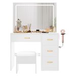 YITAHOME Dressing Table & stool set,Vanity Desk w/ 3-Color Lighting Modes LED Lights Mirror,Lights Brightness Adjustable,Vanity Table with 4 Drawers,Power Outlet,Milky-White Makeup Desk for Bedroom