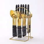 XieXie 24-Piece Gilded Stainless Steel Flatware Set Handle with Ceramic,Kitchen Utensil Tableware Cutlery Set Service for 6, Steak Cutlery Set for Home and Restaurant (Black)
