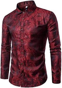 Cloudstyle Mens Paisley Shirt Long Sleeve Dress Shirt Button Down Casual Regular Fit Red