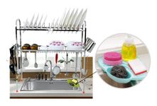 WINSTAR Stainless Steel Over Sink Dish Drainer Rack + Multipurpose Plastic Kitchen Sink Organizer Corner Tray | Space Saving Dish Drying Rack | Plate Cutlery Stand | Kitchen Utensil Rack | Kitchen Organizer (30x28 inch)