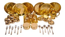 Shiv Shakti Arts® Pure Brass Dinner Set 46 Piece Set | Dinner Set Khomcha | Hammer Design l | Brass Dinnerware Set, for Gifting Diwali Special Gold