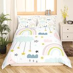 Kawaii Rainbow Bedding Set Cute Clouds Stars Rainbow Decor Duvet Cover for Kids Girls Boys Twin Size,Cartoon Moon Sky Starry Comforter Cover Hand Drawn Iridescent Print Quilt Cover 1 Pillow Case