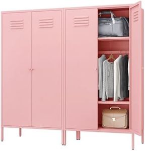 LINGZOE 2 Magnetic Doors Steel Wardrobe Closet Storages Accent Cabinet with Hanging Rod and Laminate,Classified Storage Metal Tall Storage lockers Armoire with Leg for Home Bedroom（Pink