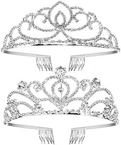 VEGCOO Crystal Rhinestone Bridal Tiara 2 pack, Elegant Wedding Crown for Women Flower Girls, Birthday Headpiece Princess Crowns Hair Accessories with Comb (Silver1)