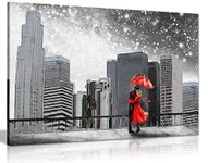 New York Painting Black & White Couple Under Umbrella Canvas Wall Art Picture Print (18x12)