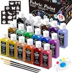 Fabric Paint Permanent for Clothes, Shuttle Art 18 Colours Fabric Paints in Bottles (60ml/2oz) with Brushes, Palette, Stencils, Non-Toxic Textile Paints for T-Shirt, Shoes, Bag, Jeans, No Heating Need