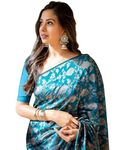 C J Enterprise Women's Banarasi Saree Pure Kanjivaram Silk Saree Soft Design Wear Pattu Sarees Latest Cotton With Blouse Piece Kanchipuram for Wedding sadi new ladies 2023 (Jaal Light Blue)