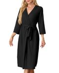 PrinStory Women Long Dressing Gowns Waffle Knit Kimono Robes Soft Womens Bathrobe Casual Ladies Loungewear (Black, M)