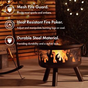 VonHaus Portable Fire Pit – Black Bronzed Steel, Mesh Guard & Poker
