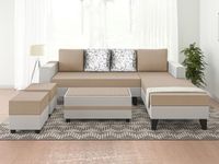 Adorn India Ashley L Shape Digitel Print Leatherette Fabric Sofa Set 8 Seater with 2 Ottoman Puffy & Center Table (Right Side) (Beige)