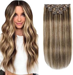 XDhair Clip in Hair Extensions Human Hair,100g 16Inch 6pcs Brown with Blonde Balayage Clip in Hair Extensions Silky Straight Real Human Hair Extensions(#4P27,16Inch)