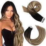 Moresso Ombre Tape in Hair Extensions 14 Inch Balayage Black Hair Extensions for Women Tape in Human Hair Black to Medium Brown with Golden Blonde Extensions Human Hair Tape ins 20pcs 50g