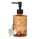 Top-spring Diamond Design Amber Glass Soap Dispenser with Pump - 12 Oz Refillable Lotion Soap Dispenser for Bathroom & Kitchen, Hand Soap, Dish Soap