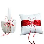 Double Heart Rhinestone White Satin Wedding Basket and Ring Pillow Set, 2PCS Wedding Flower Girl Basket and Ring Bearer Pillow Set, Wedding Petals Storage Basket for Anniversary Celebrations(Red)