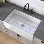 GETPRO Farmhouse Sink 33 inch White Kitchen Fireclay Sink Apron Front Single Bowl Farm House Sink with Customized Stainless Steel Bottom Grid and Strainer Drain Included