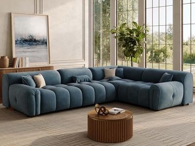 POVISON 135'' Oversized L-Shaped Sectional Sofa, Deep Seat Minimalist Mid Century Modern Couch, Extra Large Tufted Curved Sofa, Waterproof Corner Couches for Living Room, Navy Blue