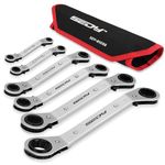 Metric Ratchet Box Wrench Set - 6-Piece Ratcheting Head Reversible Double Offset Wrenches Socket Spanner Tool Adjustable Direction Box End Stubby Handle Angle Head