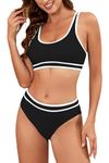 Vozobi Women's High Waisted Bikini Sets Sporty Two Piece Swimsuits Color Block Cheeky High Cut Bathing Suits Pool Beach Set Black