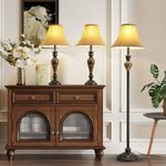 Smeike 3 Piece Living Room Lamps, Vintage Table Lamp and Floor Lamp Set of 3, Stable Iron Base with Brown Fabric Shade for Bedroom Reading Room Office