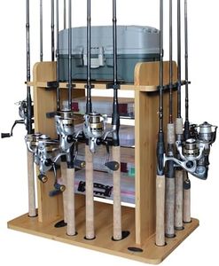 Rush Creek Creations 14 Fishing Rod Rack with 4 Utility Box Storage Capacity - Fishing Pole, Tackle Box, and Equipment Holder, Wood Grain Laminate (38-2002)