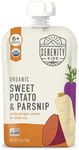 Serenity Kids 6+ Months Veggie Puree USDA Organic Baby Food Pouches - No Sugary Fruit or Added Sugar - 3.5 oz BPA & Allergen Free - Sweet Potato & Parsnip - 12 Count
