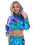 FEOYA Holographic Tops for Women Rave Cropped Outfits Metallic Shiny Crop Top Athletic Clubwear Glitter Tunic Tops Blue Medium