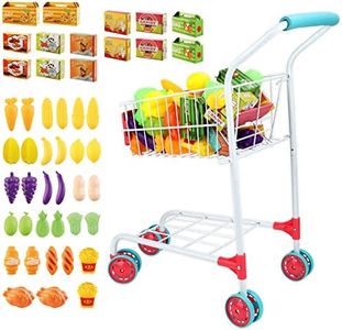 deAO Kids Shopping Cart Trolley with Sturdy Metal Frame for Toddlers 46 PCS Food Fruit Vegetables Pretend Play Food Role Play,Educational Toy Play Kitchen Toys for Boys Girls Kids