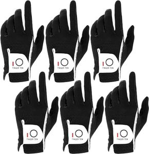 FINGER TEN Golf Gloves Men Right Left Handed Golfer Mens Glove RainGrip Hot Wet Weather Value 6 Pack, All Weather in Black Small (Black, Small, Left)