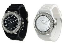 White Black 2 Pack Geneva Crystal Rhinestone Large Face Watch with Silicone Jelly Link Band