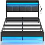 Rolanstar Bed Frame Queen Size with Charging Station and LED Lights, Upholstered Headboard with Storage Shelves, Heavy Duty Metal Slats, No Box Spring Needed, Noise Free, Easy Assembly, Dark Grey