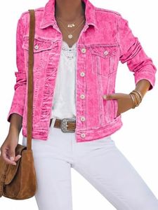 luvamia Women's Classic Casual Long Sleeves Jacket Basic Button Down Trucker Jacket Coat Aurora Pink Womens Jackets Fall Size Small Fits Size 4 / Size 6