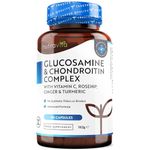 Glucosamine and Chondroitin Complex – 180 High Strength Capsules – Contributes to The Maintenance of Normal Immune System – with Vitamin C, Turmeric, Ginger and Rosehip – Made in The UK by Nutravita