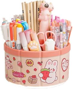 Desk Pencil Pen Holder with Stickers 6 Slots 360 Degree Rotating Desk Organizer office organizer for Office School Home Art Supply Pink (Pink)