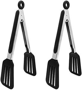 STARUBY Cooking Tongs 9 inches 2-Pack Stainless Steel Kitchen Silicone Serving Tongs Heat Resistant Grill Tongs Meat Turner Spatula Tongs Fish Tongs with Locking Handle Joint, Black