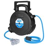 DEWENWILS 50FT Heavy Duty Cord Reel, Retractable Extension Cord Reel with Light-Up Triple Tap, 13 A Circuit Breaker, Wall/Ceiling Mountable, Portable Handle, 14/3 SJT, ETL Listed, Blue