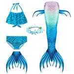 AUIE SAOSA Girls Mermaid Tail for Swimming Mermaid Swimsuit Fin and Flower Headband 5pcs Blue B160