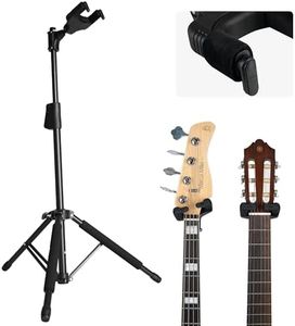 AROMA Bass Stand Universal for Acoustic Electric Classical Guitars Floor Stand Foldable with Auto-Lock Neck Holder Soild Tripod One Button Lift