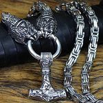 Men Thor's Hammer Viking Necklace, Silver Stainless Steel Nordic Mythology Mjolnir Amulet Pendant Jewelry, Multiple Style Animal Head Square King Chain,Claw Head,60 cm