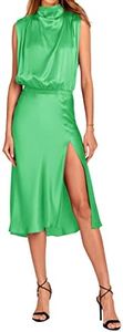 PRETTYGARDEN Women Summer Formal Mock Neck Sleeveless Satin Dress Elastic Waist Slit Midi Wedding Guest Dresses 2023, Solid Grass Green, Small