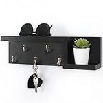 Decorative Key Holder for Wall with Shelf, Entryway Shelf with Hooks Holds Leashes, Jackets and Glasses – Sturdy Wood Keyholder Entrance Hanger with Mounting Hardware (15.6” x 4.7” x 3.5”) (Black)