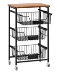 OKZEST 4 Tier Kitchen Cart, Utility Kitchen Storage Island Cart on Wheels, Metal Rolling Fruit Basket Storage Rack with Wooden Tabletop for Kitchen Pantry Dining Room Home Office Apartment Small Space