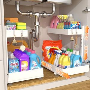 Under Sink Organizer, Bathroom Counter Organizer, 2 Pack 2 Tier L-Shape White, Adjustable Height Carbon Steel, Under Cabinet Storage with Pull Out Drawer, Use for Kitchen Bathroom Office Shop Laundry