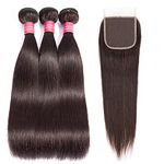 Aiokrtse Peruvian Virgin Hair Straight Human Hair Bundles Hair Weave 100% Human Hair Extensions 18 20 22 with 16" Free Part 4X4 Lace Closure #2 Dark Brown Color