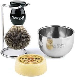 Anbbas 4IN1 Set Rasage Blaireau Manuel avec Savon à Raser Naturel, Bol de Rasage en Acier Inoxydable et Support Rasoir pour Blaireau Homme Brosse