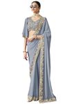 TRENDMALLS Women's Georgette Lakhanvi Embroidery with Sequence Moti work Women Saree (K1001-Grey)
