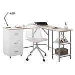 Techni Mobili L Shaped Desk - Two-Toned Computer Desk with Drawers & Storage Shelves - Simple Modern Furniture & Home Office Space Corner Table for Work & Writing